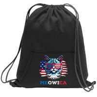 Meowica Cat Sunglasses American Flag USA Cat 4th of July Sweatshirt Cinch Pack Bag