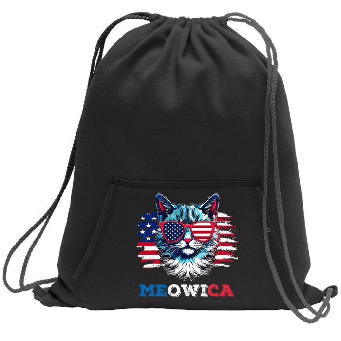 Meowica Cat Sunglasses American Flag USA Cat 4th of July Sweatshirt Cinch Pack Bag