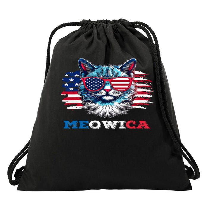 Meowica Cat Sunglasses American Flag USA Cat 4Th Of July Drawstring Bag