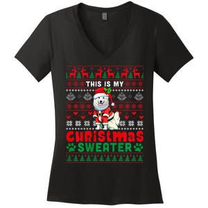 My Christmas Sweater Costume Santa Samoyed Lover Owner Women's V-Neck T-Shirt