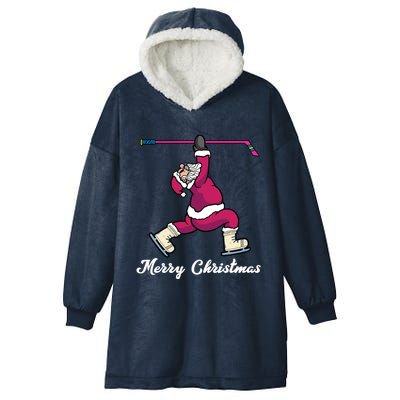 Merry Christmas Santa Ice Hockey Player Funny Hockey Game Gift Hooded Wearable Blanket