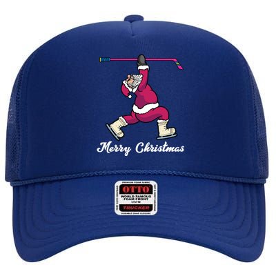 Merry Christmas Santa Ice Hockey Player Funny Hockey Game Gift High Crown Mesh Back Trucker Hat