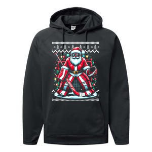 Merry Christmas Santa Hockey Goalie Ugly Christmas Sweater Performance Fleece Hoodie