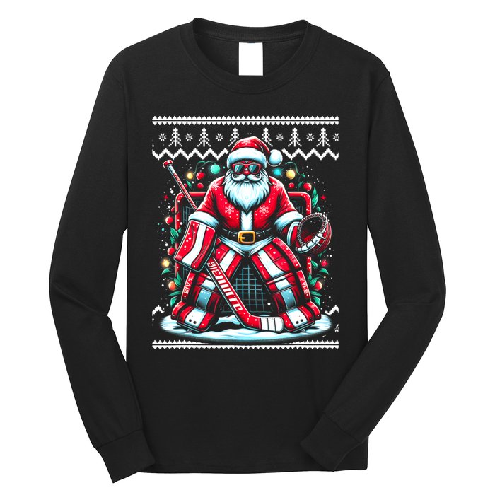 Merry Christmas Santa Hockey Goalie Ugly Christmas Sweater Long Sleeve Shirt