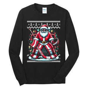 Merry Christmas Santa Hockey Goalie Ugly Christmas Sweater Tall Long Sleeve T-Shirt