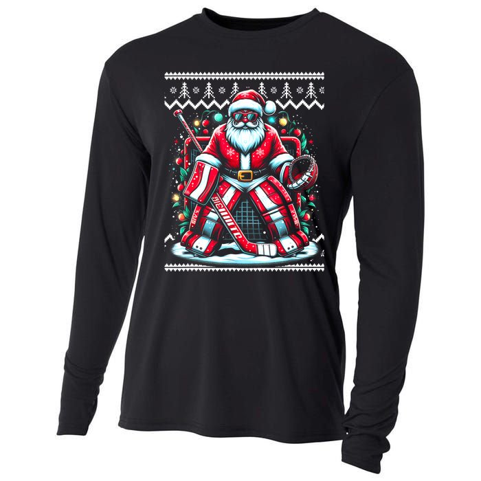 Merry Christmas Santa Hockey Goalie Ugly Christmas Sweater Cooling Performance Long Sleeve Crew