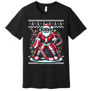 Merry Christmas Santa Hockey Goalie Ugly Christmas Sweater Premium T-Shirt