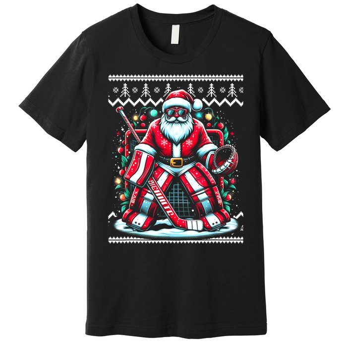 Merry Christmas Santa Hockey Goalie Ugly Christmas Sweater Premium T-Shirt