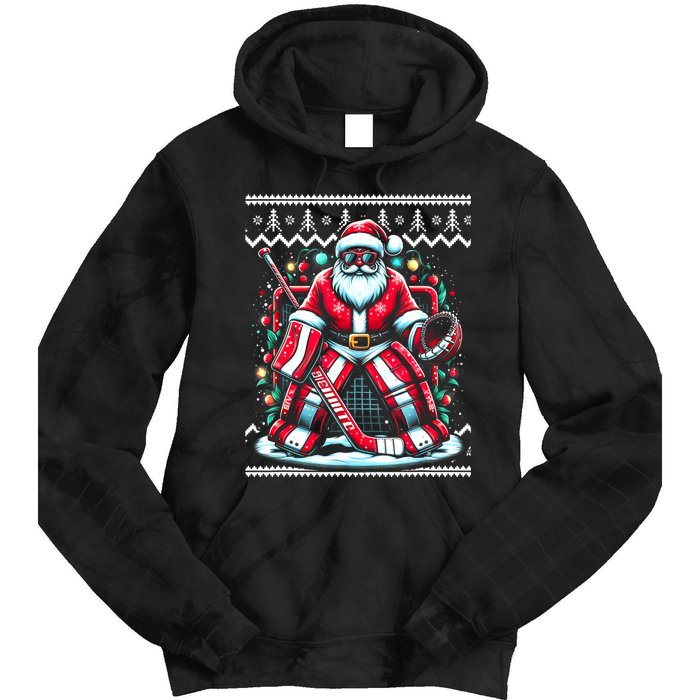 Merry Christmas Santa Hockey Goalie Ugly Christmas Sweater Tie Dye Hoodie