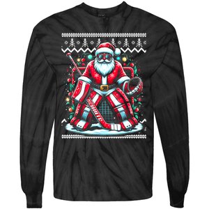 Merry Christmas Santa Hockey Goalie Ugly Christmas Sweater Tie-Dye Long Sleeve Shirt