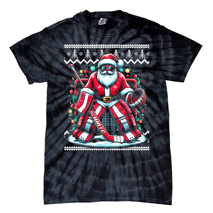 Merry Christmas Santa Hockey Goalie Ugly Christmas Sweater Tie-Dye T-Shirt