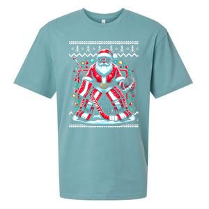 Merry Christmas Santa Hockey Goalie Ugly Christmas Sweater Sueded Cloud Jersey T-Shirt