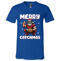 Merry Catchmas Santa Claus Baseball Catcher Xmas Christmas Gift V-Neck T-Shirt