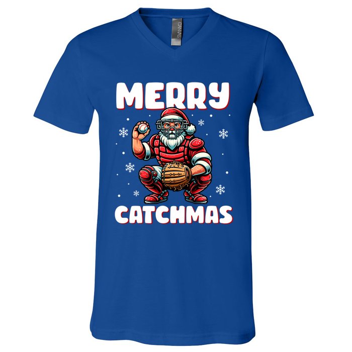 Merry Catchmas Santa Claus Baseball Catcher Xmas Christmas Gift V-Neck T-Shirt