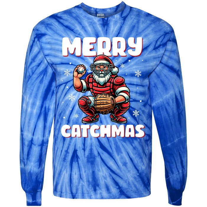 Merry Catchmas Santa Claus Baseball Catcher Xmas Christmas Gift Tie-Dye Long Sleeve Shirt