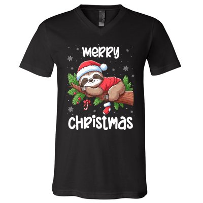 Merry Christmas Sloth Lazy Funny Christmas Sloth Lover Xmas V-Neck T-Shirt