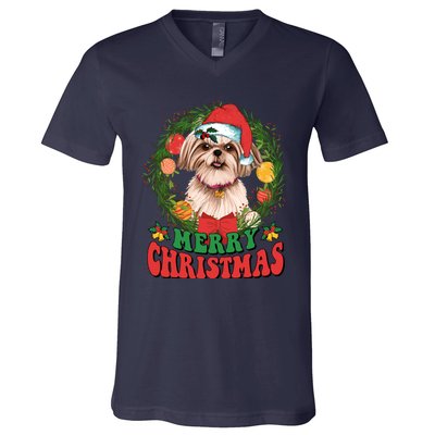 Merry Christmas Shih Tzu Santa Hat Dog Lovers Ugly Sweater V-Neck T-Shirt