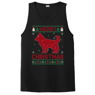 Merry Christmas Siberian Husky Dog Buffalo Red Plaid Sweater PosiCharge Competitor Tank