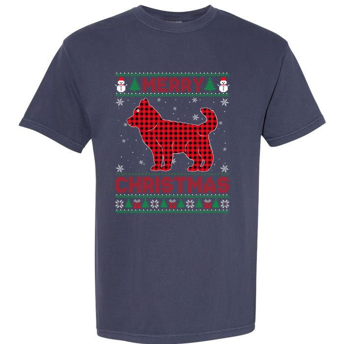 Merry Christmas Siberian Husky Dog Buffalo Red Plaid Sweater Garment-Dyed Heavyweight T-Shirt