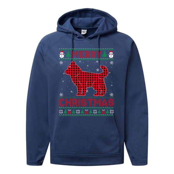 Merry Christmas Siberian Husky Dog Buffalo Red Plaid Sweater Performance Fleece Hoodie