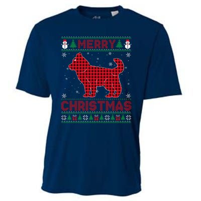 Merry Christmas Siberian Husky Dog Buffalo Red Plaid Sweater Cooling Performance Crew T-Shirt