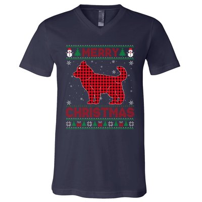 Merry Christmas Siberian Husky Dog Buffalo Red Plaid Sweater V-Neck T-Shirt