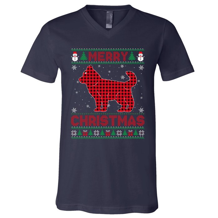 Merry Christmas Siberian Husky Dog Buffalo Red Plaid Sweater V-Neck T-Shirt