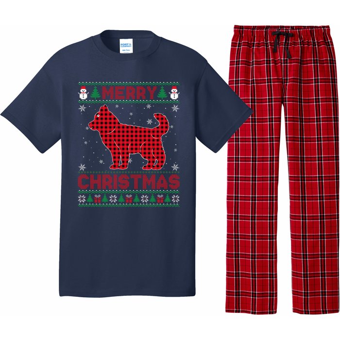 Merry Christmas Siberian Husky Dog Buffalo Red Plaid Sweater Pajama Set