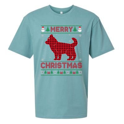 Merry Christmas Siberian Husky Dog Buffalo Red Plaid Sweater Sueded Cloud Jersey T-Shirt