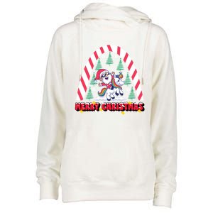 Merry Christmas Santa Claus Riding Unicorn Candy Cane Cute Gift Womens Funnel Neck Pullover Hood