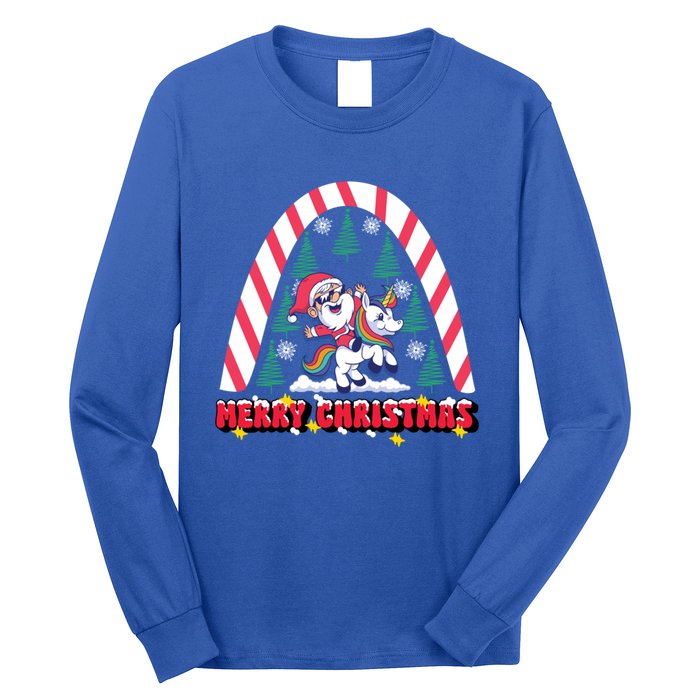 Merry Christmas Santa Claus Riding Unicorn Candy Cane Cute Gift Long Sleeve Shirt