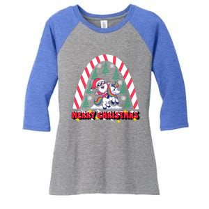 Merry Christmas Santa Claus Riding Unicorn Candy Cane Cute Gift Women's Tri-Blend 3/4-Sleeve Raglan Shirt