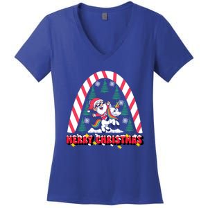 Merry Christmas Santa Claus Riding Unicorn Candy Cane Cute Gift Women's V-Neck T-Shirt