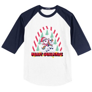 Merry Christmas Santa Claus Riding Unicorn Candy Cane Cute Gift Baseball Sleeve Shirt