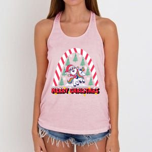 Merry Christmas Santa Claus Riding Unicorn Candy Cane Cute Gift Women's Knotted Racerback Tank