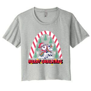 Merry Christmas Santa Claus Riding Unicorn Candy Cane Cute Gift Women's Crop Top Tee