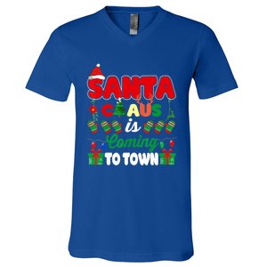 Merry Christmas Santa Claus Coming To Town Retro Xmas Lights Gift V-Neck T-Shirt