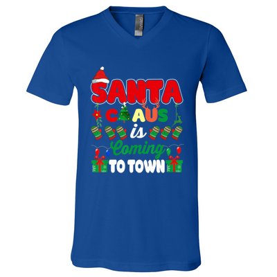 Merry Christmas Santa Claus Coming To Town Retro Xmas Lights Gift V-Neck T-Shirt