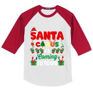 Merry Christmas Santa Claus Coming To Town Retro Xmas Lights Gift Kids Colorblock Raglan Jersey