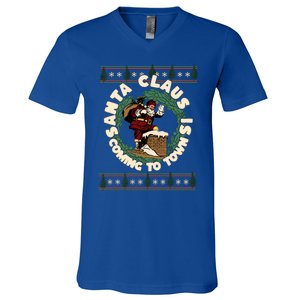 Merry Christmas Santa Claus Is Coming Funny Ugly Xmas Retro Gift V-Neck T-Shirt