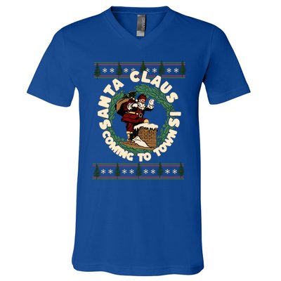 Merry Christmas Santa Claus Is Coming Funny Ugly Xmas Retro Gift V-Neck T-Shirt