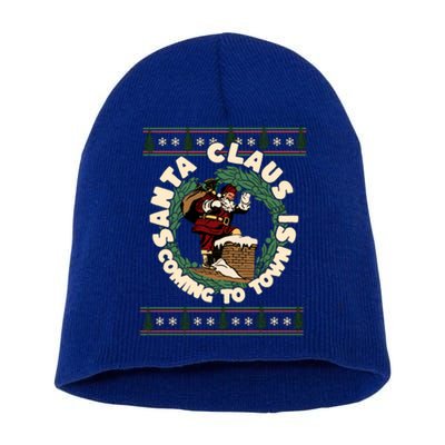 Merry Christmas Santa Claus Is Coming Funny Ugly Xmas Retro Gift Short Acrylic Beanie