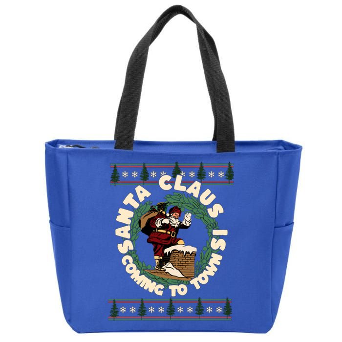 Merry Christmas Santa Claus Is Coming Funny Ugly Xmas Retro Gift Zip Tote Bag