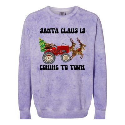 Merry Christmas Santa Claus Is Coming Tractor Xmas Reindeer Cool Gift Colorblast Crewneck Sweatshirt