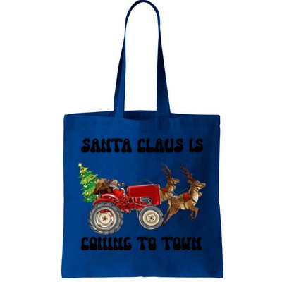 Merry Christmas Santa Claus Is Coming Tractor Xmas Reindeer Cool Gift Tote Bag