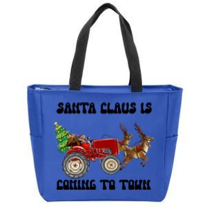 Merry Christmas Santa Claus Is Coming Tractor Xmas Reindeer Cool Gift Zip Tote Bag