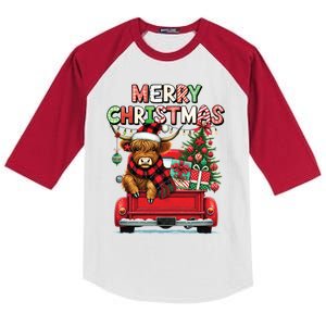 Merry Christmas Scottish Highland Cow Xmas Farm Animal Lover Funny Gift Kids Colorblock Raglan Jersey