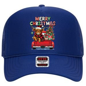 Merry Christmas Scottish Highland Cow Xmas Farm Animal Lover Funny Gift High Crown Mesh Back Trucker Hat