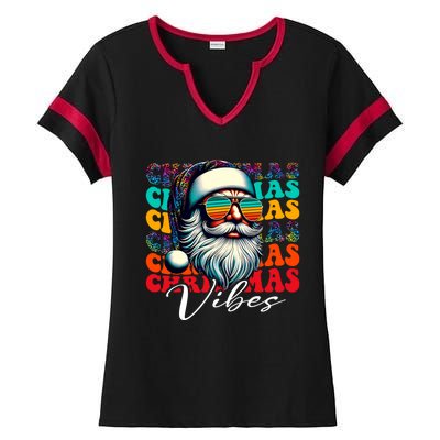 Merry Christmas Santa Face Retro Sunglasses Vintage Humor Gift Ladies Halftime Notch Neck Tee