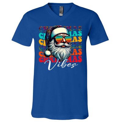 Merry Christmas Santa Face Retro Sunglasses Vintage Humor Gift V-Neck T-Shirt